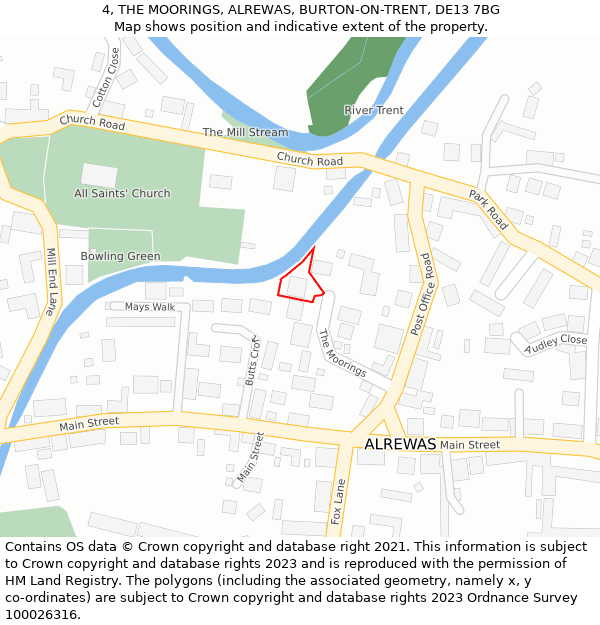 4, THE MOORINGS, ALREWAS, BURTON-ON-TRENT, DE13 7BG: Location map and indicative extent of plot