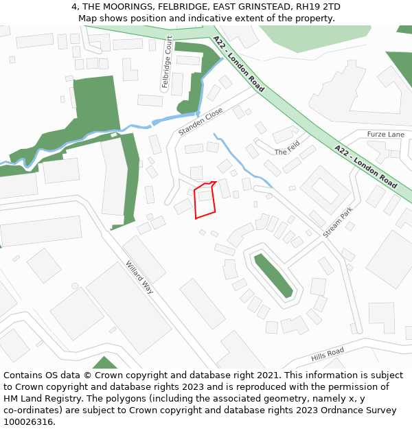 4, THE MOORINGS, FELBRIDGE, EAST GRINSTEAD, RH19 2TD: Location map and indicative extent of plot