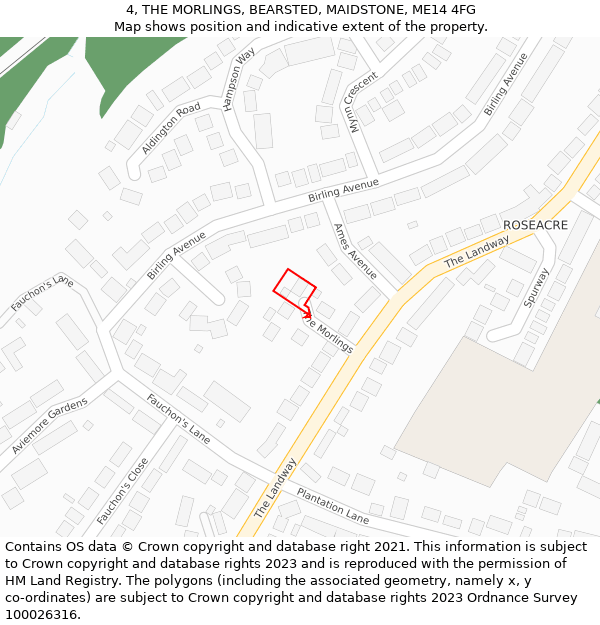 4, THE MORLINGS, BEARSTED, MAIDSTONE, ME14 4FG: Location map and indicative extent of plot