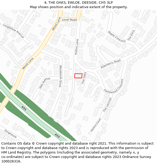 4, THE OAKS, EWLOE, DEESIDE, CH5 3LP: Location map and indicative extent of plot