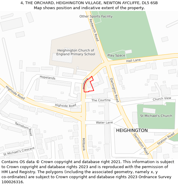 4, THE ORCHARD, HEIGHINGTON VILLAGE, NEWTON AYCLIFFE, DL5 6SB: Location map and indicative extent of plot