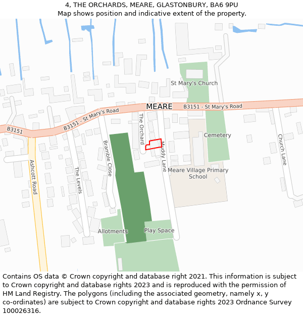 4, THE ORCHARDS, MEARE, GLASTONBURY, BA6 9PU: Location map and indicative extent of plot