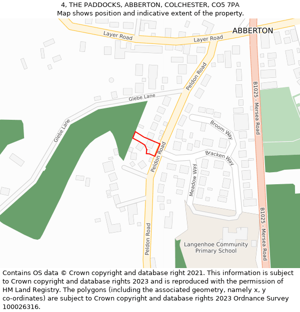 4, THE PADDOCKS, ABBERTON, COLCHESTER, CO5 7PA: Location map and indicative extent of plot