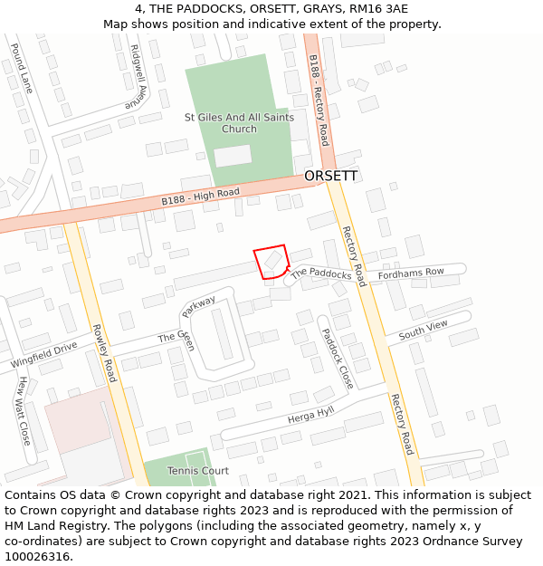 4, THE PADDOCKS, ORSETT, GRAYS, RM16 3AE: Location map and indicative extent of plot