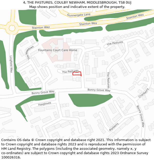 4, THE PASTURES, COULBY NEWHAM, MIDDLESBROUGH, TS8 0UJ: Location map and indicative extent of plot