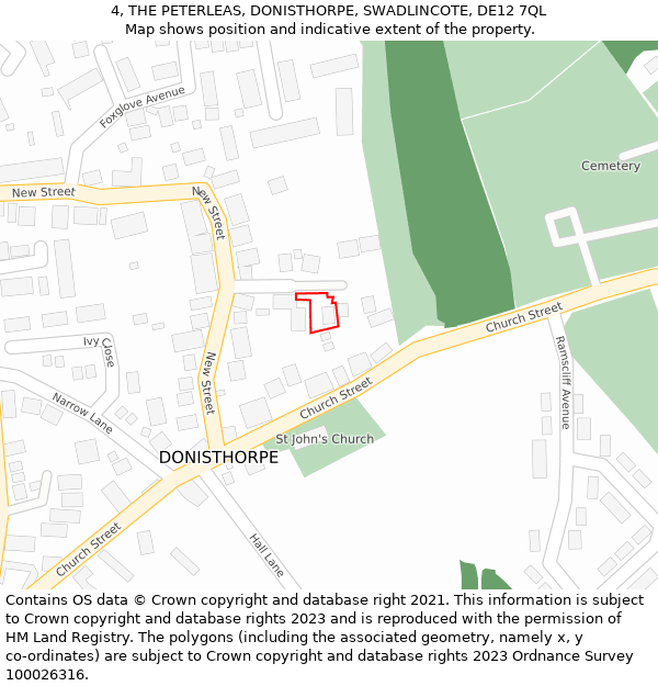 4, THE PETERLEAS, DONISTHORPE, SWADLINCOTE, DE12 7QL: Location map and indicative extent of plot