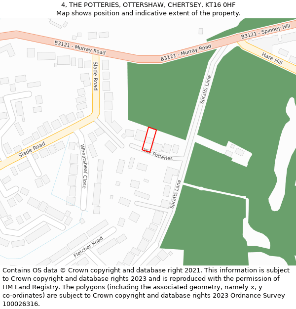 4, THE POTTERIES, OTTERSHAW, CHERTSEY, KT16 0HF: Location map and indicative extent of plot