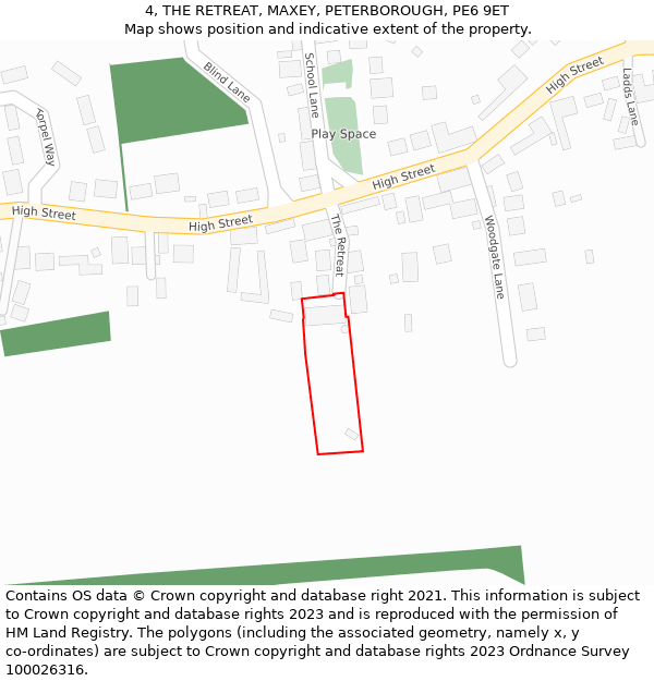 4, THE RETREAT, MAXEY, PETERBOROUGH, PE6 9ET: Location map and indicative extent of plot