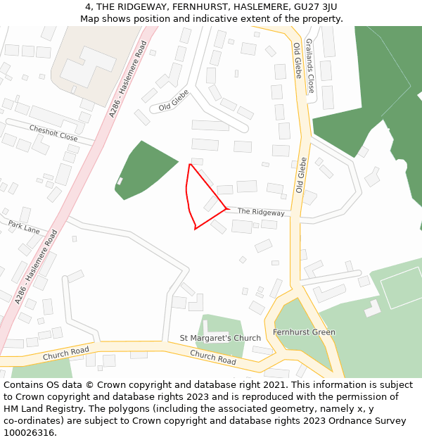 4, THE RIDGEWAY, FERNHURST, HASLEMERE, GU27 3JU: Location map and indicative extent of plot