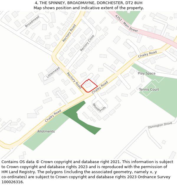 4, THE SPINNEY, BROADMAYNE, DORCHESTER, DT2 8UH: Location map and indicative extent of plot