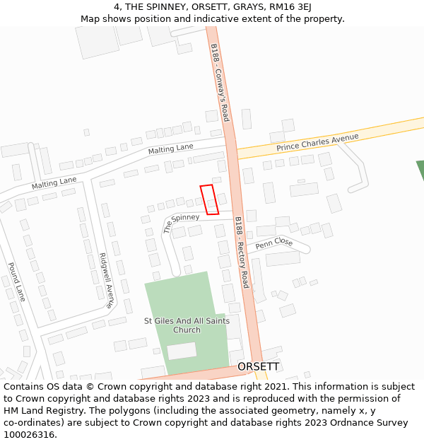 4, THE SPINNEY, ORSETT, GRAYS, RM16 3EJ: Location map and indicative extent of plot