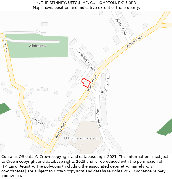 4, THE SPINNEY, UFFCULME, CULLOMPTON, EX15 3PB: Location map and indicative extent of plot