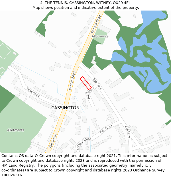 4, THE TENNIS, CASSINGTON, WITNEY, OX29 4EL: Location map and indicative extent of plot