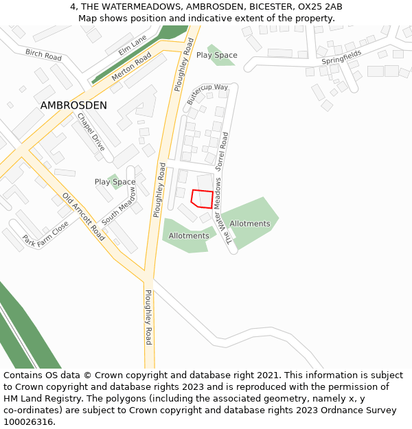 4, THE WATERMEADOWS, AMBROSDEN, BICESTER, OX25 2AB: Location map and indicative extent of plot
