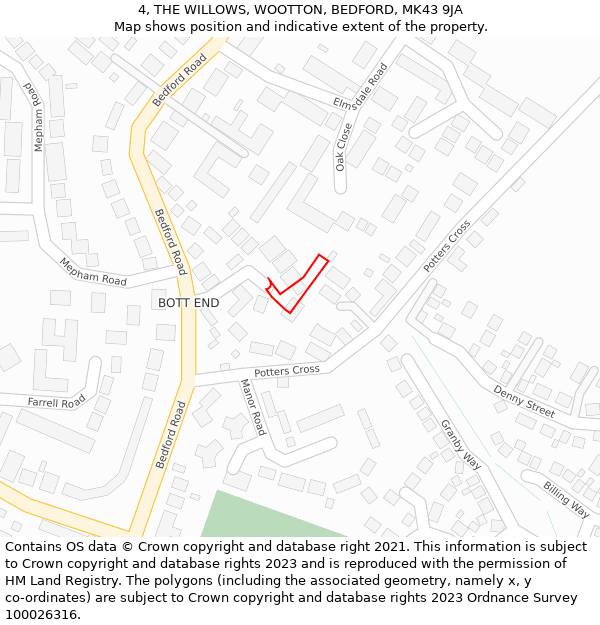 4, THE WILLOWS, WOOTTON, BEDFORD, MK43 9JA: Location map and indicative extent of plot