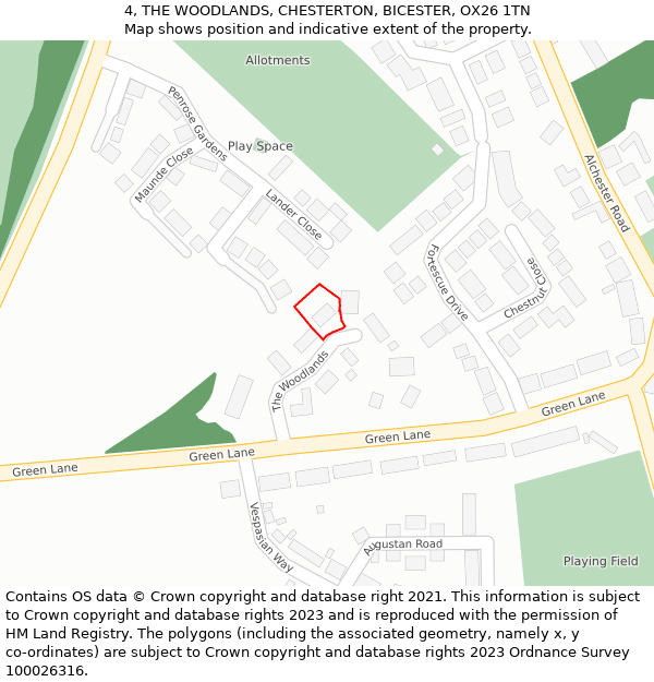 4, THE WOODLANDS, CHESTERTON, BICESTER, OX26 1TN: Location map and indicative extent of plot