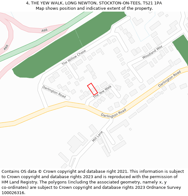 4, THE YEW WALK, LONG NEWTON, STOCKTON-ON-TEES, TS21 1PA: Location map and indicative extent of plot