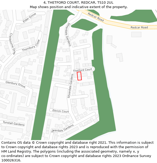 4, THETFORD COURT, REDCAR, TS10 2UL: Location map and indicative extent of plot