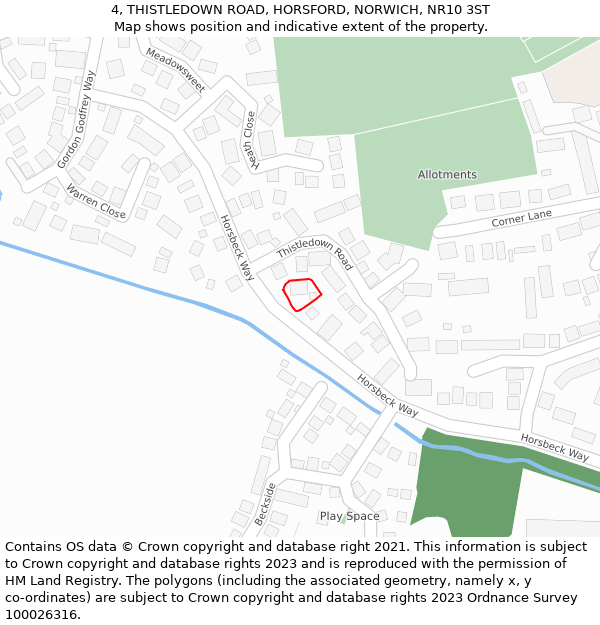 4, THISTLEDOWN ROAD, HORSFORD, NORWICH, NR10 3ST: Location map and indicative extent of plot