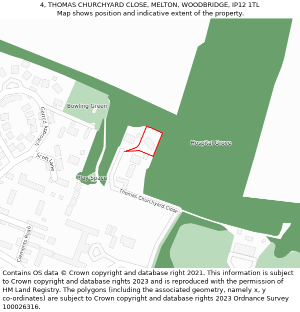4, THOMAS CHURCHYARD CLOSE, MELTON, WOODBRIDGE, IP12 1TL: Location map and indicative extent of plot