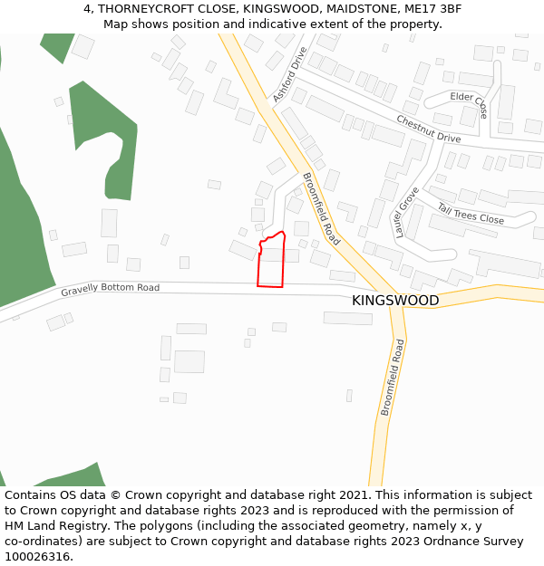 4, THORNEYCROFT CLOSE, KINGSWOOD, MAIDSTONE, ME17 3BF: Location map and indicative extent of plot