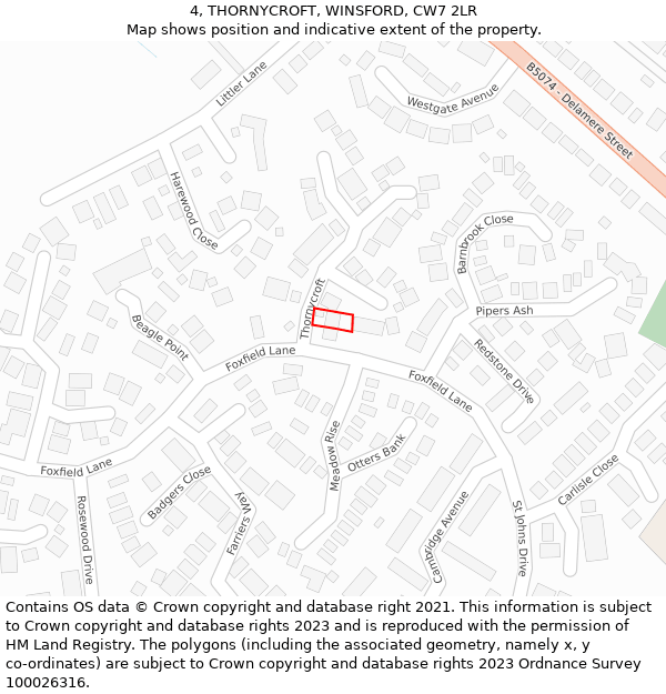 4, THORNYCROFT, WINSFORD, CW7 2LR: Location map and indicative extent of plot