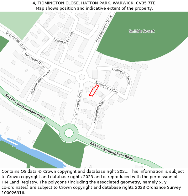 4, TIDMINGTON CLOSE, HATTON PARK, WARWICK, CV35 7TE: Location map and indicative extent of plot