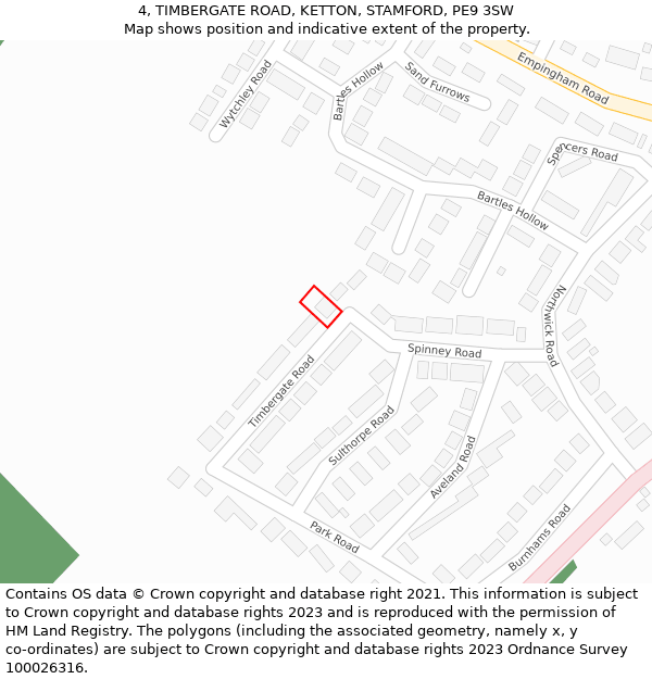 4, TIMBERGATE ROAD, KETTON, STAMFORD, PE9 3SW: Location map and indicative extent of plot