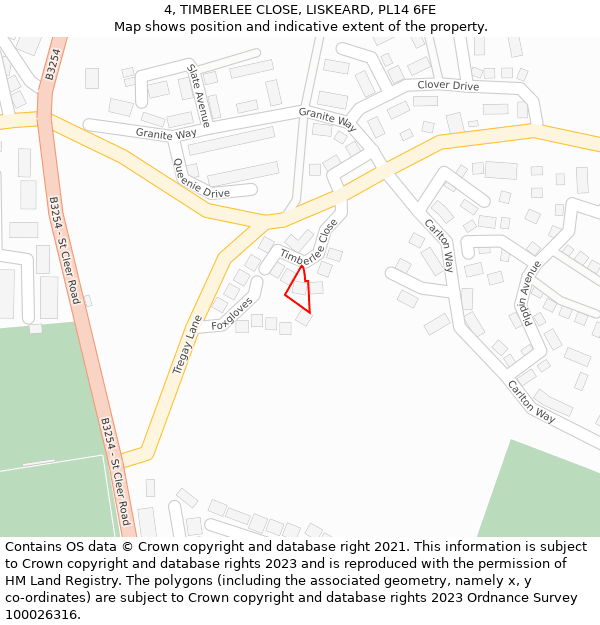 4, TIMBERLEE CLOSE, LISKEARD, PL14 6FE: Location map and indicative extent of plot