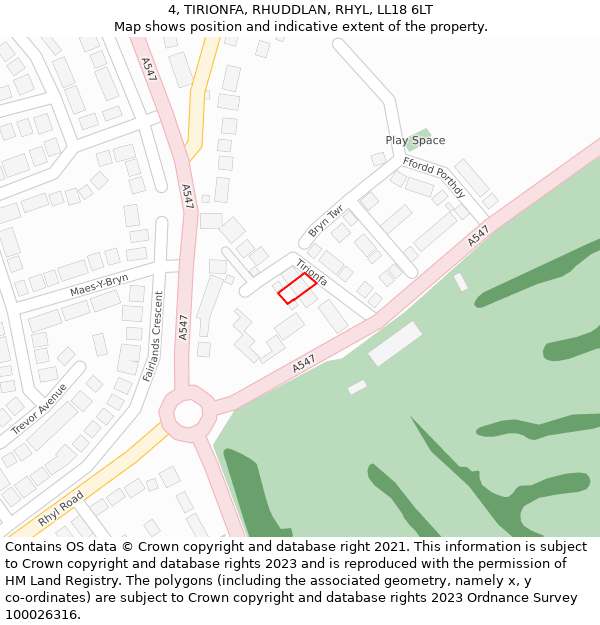 4, TIRIONFA, RHUDDLAN, RHYL, LL18 6LT: Location map and indicative extent of plot