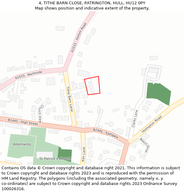 4, TITHE BARN CLOSE, PATRINGTON, HULL, HU12 0PY: Location map and indicative extent of plot