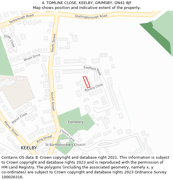 4, TOMLINE CLOSE, KEELBY, GRIMSBY, DN41 8JF: Location map and indicative extent of plot