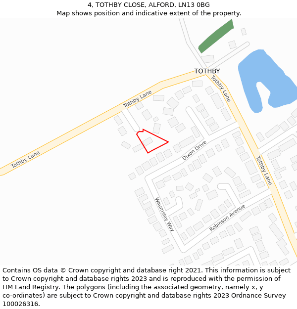 4, TOTHBY CLOSE, ALFORD, LN13 0BG: Location map and indicative extent of plot