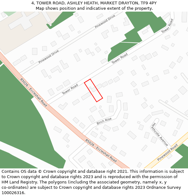 4, TOWER ROAD, ASHLEY HEATH, MARKET DRAYTON, TF9 4PY: Location map and indicative extent of plot