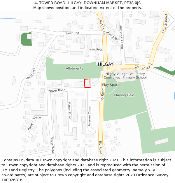 4, TOWER ROAD, HILGAY, DOWNHAM MARKET, PE38 0JS: Location map and indicative extent of plot