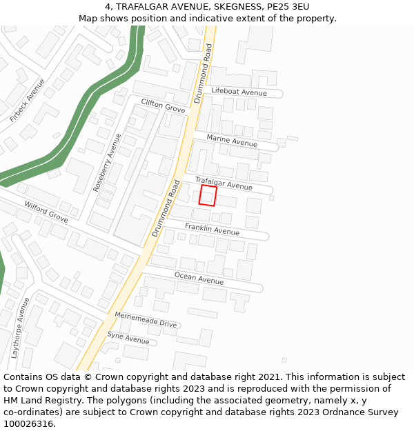 4, TRAFALGAR AVENUE, SKEGNESS, PE25 3EU: Location map and indicative extent of plot