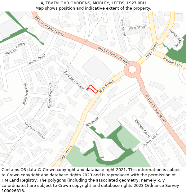 4, TRAFALGAR GARDENS, MORLEY, LEEDS, LS27 0RU: Location map and indicative extent of plot