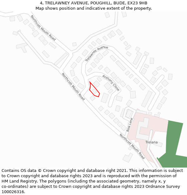 4, TRELAWNEY AVENUE, POUGHILL, BUDE, EX23 9HB: Location map and indicative extent of plot