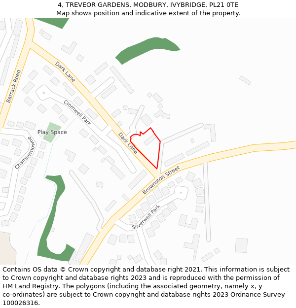 4, TREVEOR GARDENS, MODBURY, IVYBRIDGE, PL21 0TE: Location map and indicative extent of plot