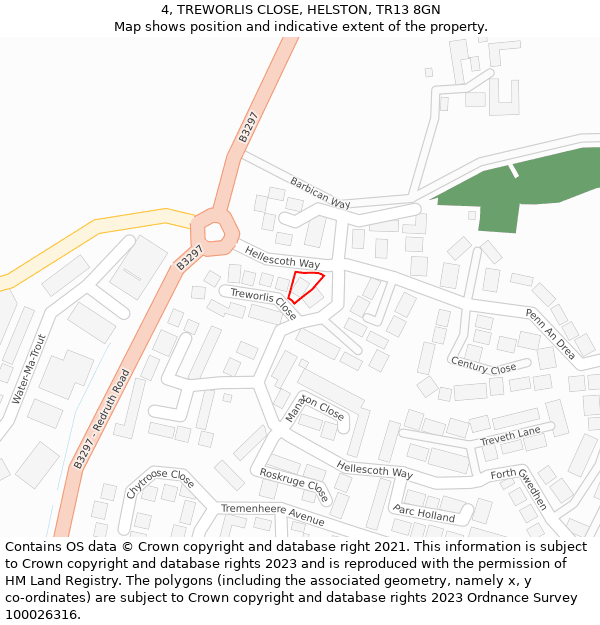 4, TREWORLIS CLOSE, HELSTON, TR13 8GN: Location map and indicative extent of plot