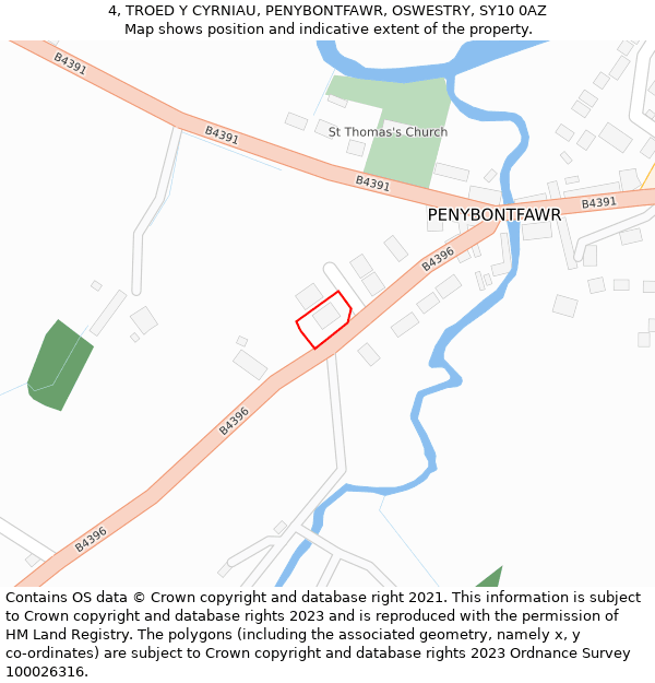 4, TROED Y CYRNIAU, PENYBONTFAWR, OSWESTRY, SY10 0AZ: Location map and indicative extent of plot