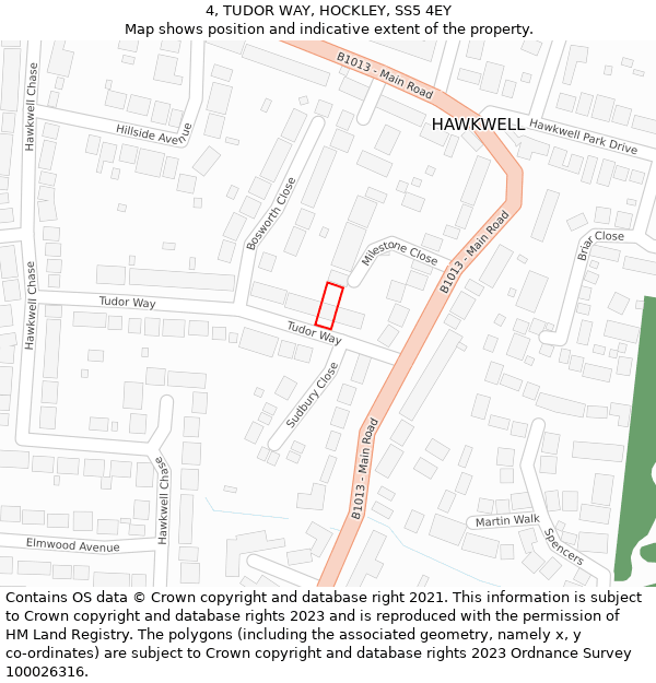 4, TUDOR WAY, HOCKLEY, SS5 4EY: Location map and indicative extent of plot