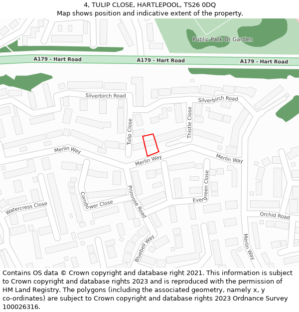 4, TULIP CLOSE, HARTLEPOOL, TS26 0DQ: Location map and indicative extent of plot