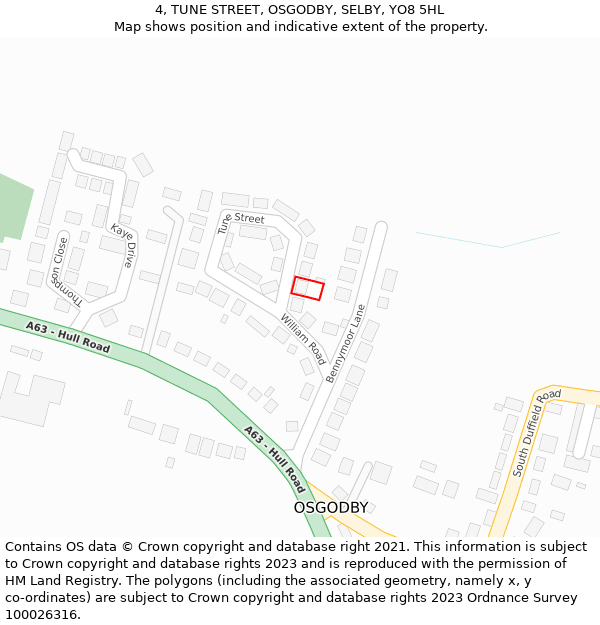 4, TUNE STREET, OSGODBY, SELBY, YO8 5HL: Location map and indicative extent of plot