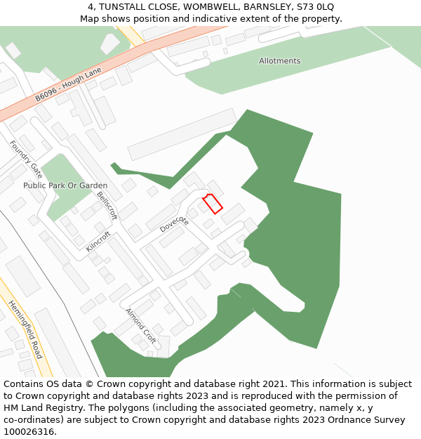 4, TUNSTALL CLOSE, WOMBWELL, BARNSLEY, S73 0LQ: Location map and indicative extent of plot