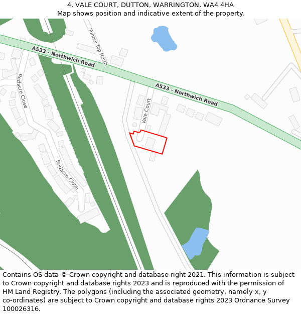 4, VALE COURT, DUTTON, WARRINGTON, WA4 4HA: Location map and indicative extent of plot