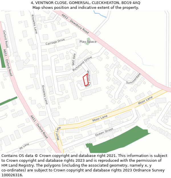 4, VENTNOR CLOSE, GOMERSAL, CLECKHEATON, BD19 4AQ: Location map and indicative extent of plot