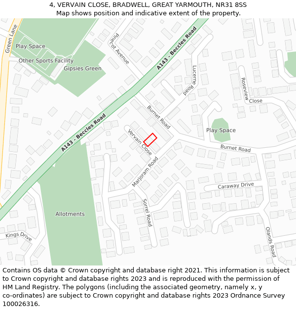 4, VERVAIN CLOSE, BRADWELL, GREAT YARMOUTH, NR31 8SS: Location map and indicative extent of plot