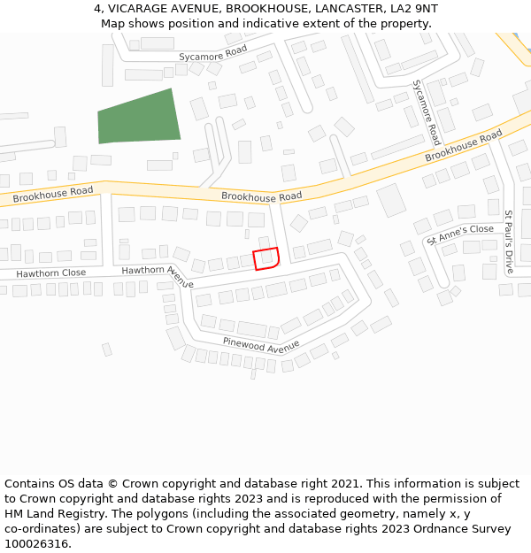 4, VICARAGE AVENUE, BROOKHOUSE, LANCASTER, LA2 9NT: Location map and indicative extent of plot