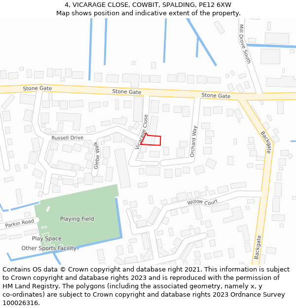 4, VICARAGE CLOSE, COWBIT, SPALDING, PE12 6XW: Location map and indicative extent of plot